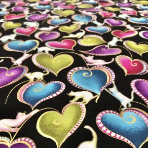 BENARTEX BENARTEX USA1003 Hearts and Cats Black/Multi 100cm×110cm幅 輸入生地 USAコットン 直送 代引不可 北海道沖縄離島不可