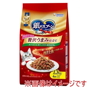 ユニチャーム Unicharm ユニチャーム 銀のスプーン 贅沢うまみ仕立て まぐろ かつお 煮干し ささみ 緑黄色野菜味 1.3kg