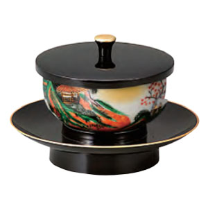 サンメニー SUNMANY サンメニー 穴あき茶托セット 九谷焼茶碗付 4.2寸 黒 山水