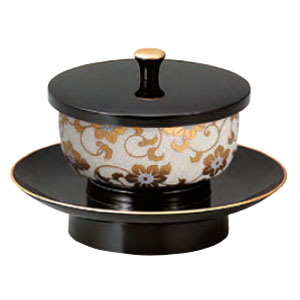 サンメニー SUNMANY サンメニー 穴あき茶托セット 九谷焼茶碗付 4.2寸 黒 フチ金 白粒鉄仙