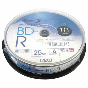 lazos ラソス BD-R 25GB 1-6倍速対応 1回記録用 ホワイトワイド印刷対応 10枚組 スピンドル L-B10P