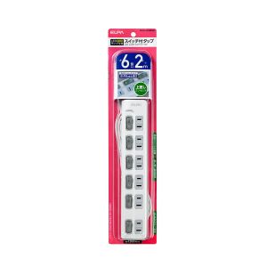 朝日電器 エルパ ELPA エルパ WLS-LU62EB W スイッチ付タップ LEDランプ 上挿し 6個口 2m ELPA 朝日電器