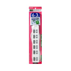 朝日電器 エルパ ELPA エルパ WLS-LU63EB W スイッチ付タップ LEDランプ 上挿し 6個口 3m ELPA 朝日電器
