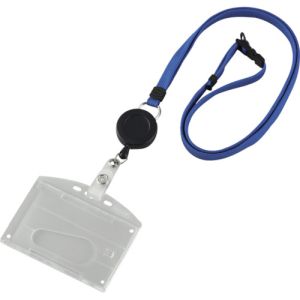 日本緑十字社 緑十字 300042 吊り下げ名札 リール式ストラップ クリア/青 ハードケース 2枚収納式 吊名札346BL