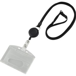 日本緑十字社 緑十字 300043 吊り下げ名札 リール式ストラップ クリア/黒 ハードケース 2枚収納式 吊名札346BK