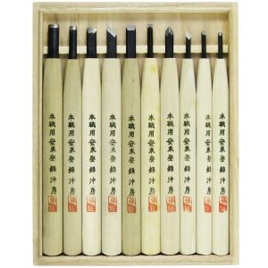 目黒彫刻刀製作所 沖房 目黒彫刻刀製作所 45-10 本職用彫刻刀 鋼付 安来鋼青紙 桐箱 10本組