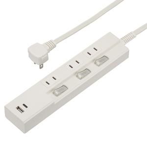 オーム電機 OHM オーム電機 HS-TPU32PD23-W 3個口節電タップ PD対応Type-C Type-Aポート付き 2m ホワイト