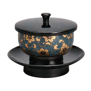 サンメニー SUNMANY サンメニー 穴あき茶托セット 九谷焼茶碗付 4.2寸 黒 青粒鉄仙