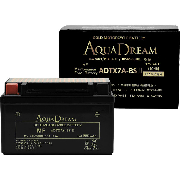  AQUA DREAM AQUA DREAM ADTX7A-BSII バイク用バッテリー GOLD Motorcycle Battery 液入充電済み メーカー直送 代引不可 北海道沖縄離島不可