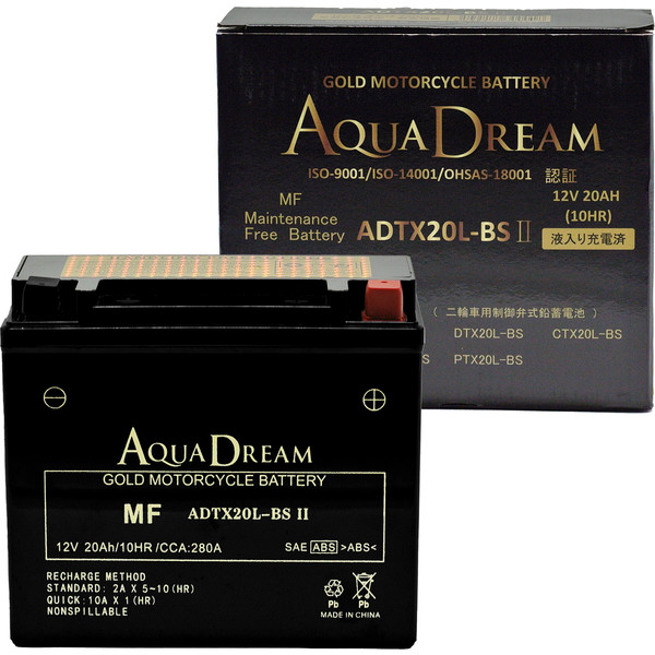  AQUA DREAM AQUA DREAM ADTX20L-BSII バイク用バッテリー GOLD Motorcycle Battery 液入充電済み メーカー直送 代引不可 北海道沖縄離島不可