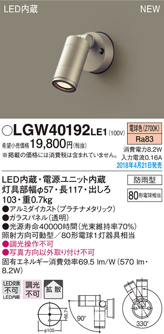 パナソニック panasonic パナソニック LGW40192LE1 スポットライト 80形 拡散 電球色