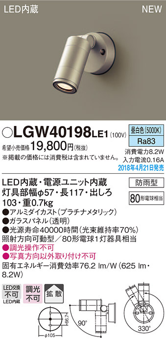  パナソニック panasonic パナソニック LGW40198LE1 スポットライト 80形 拡散 昼白色