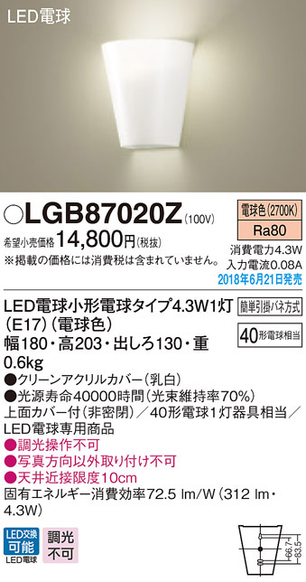  パナソニック panasonic パナソニック LGB87020Z LEDブラケット 40形 電球色