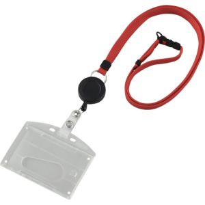 日本緑十字社 緑十字 300041 吊り下げ名札 リール式ストラップ クリア/赤 ハードケース 2枚収納式 吊名札346R