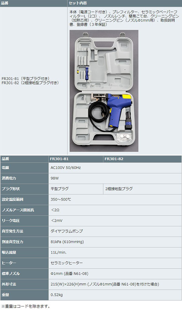  白光 HAKKO 白光 FR301-81 はんだ吸取器 100V ゴム平型プラグ HAKKO