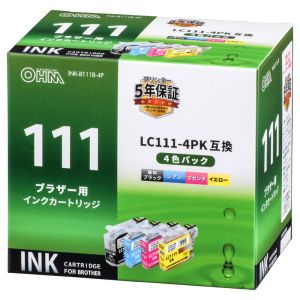 オーム電機 OHM オーム電機 INK-B111B-4P ブラザー互換 LC111-4PK 顔料ブラック+染料3色 01-4186