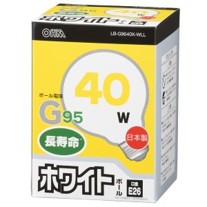 オーム電機 OHM オーム電機 白熱ボール電球 40W E26 G95 ホワイト 06-0622 LB-G9640K-WLL