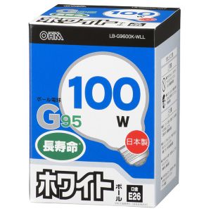 オーム電機 OHM オーム電機 白熱ボール電球 100W E26 G95 ホワイト 06-0626 LB-G9600K-WLL